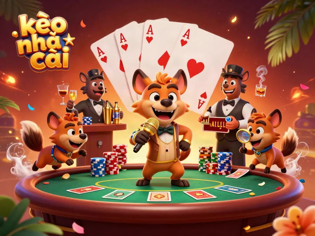 Experience the excitement of kèo nhà cái in a vibrant casino atmosphere with cartoon hyenas.