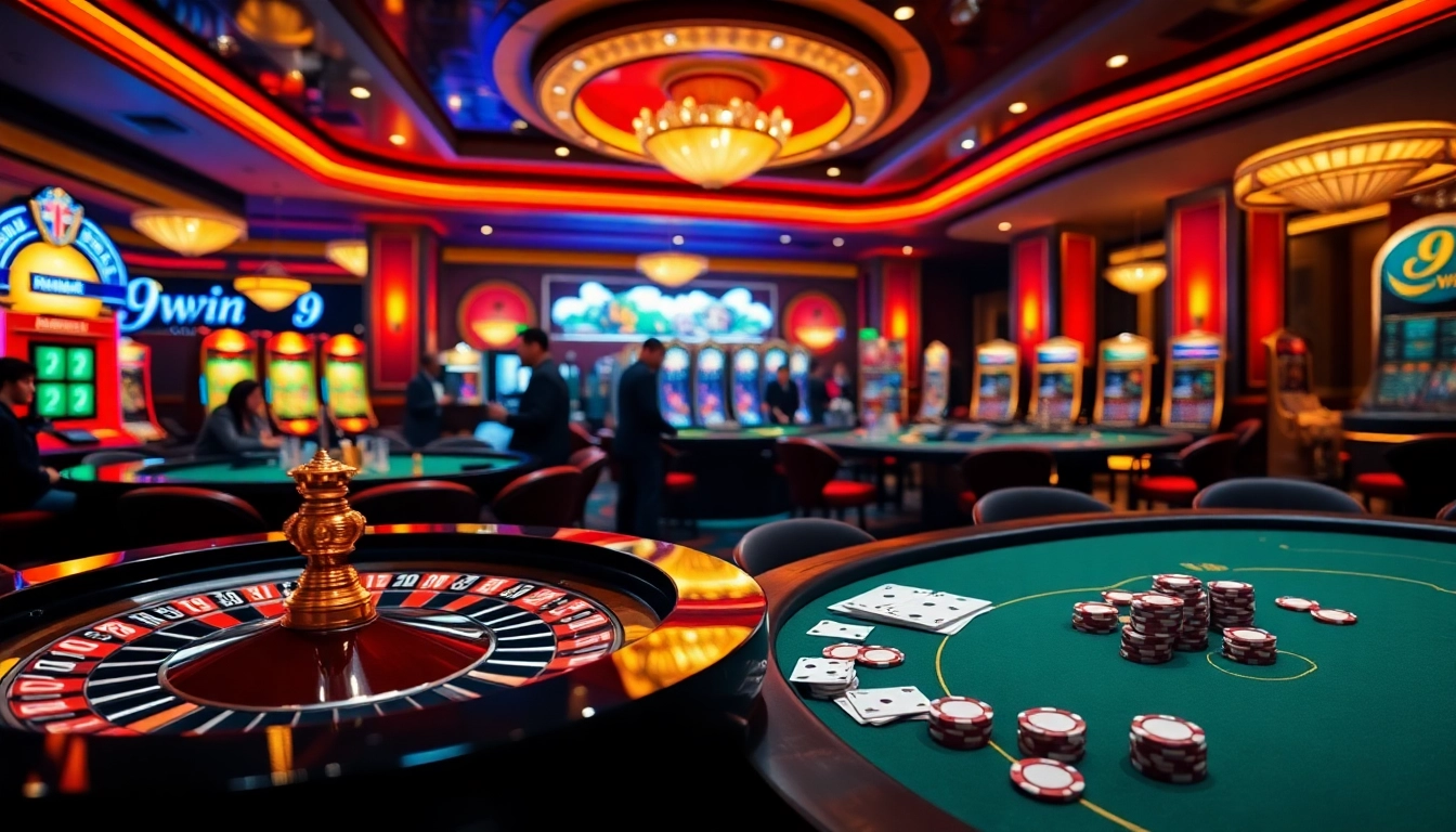 Visual representation of the luxury gaming experience at nhà cái 9WIN featuring roulette, poker, and slot machines.
