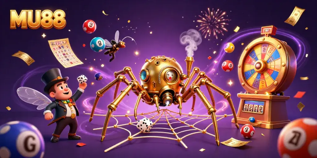 Experience the excitement of winning at MU88 with a vibrant casino illustration capturing dynamic games and festive elements.