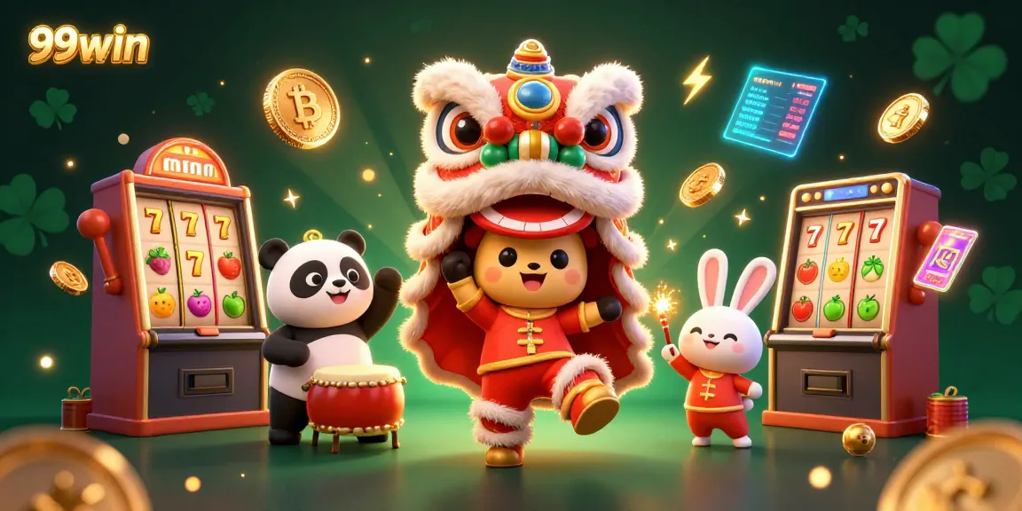 Experience thrilling slot gaming with 99win's vibrant casino illustration filled with lucky symbols.