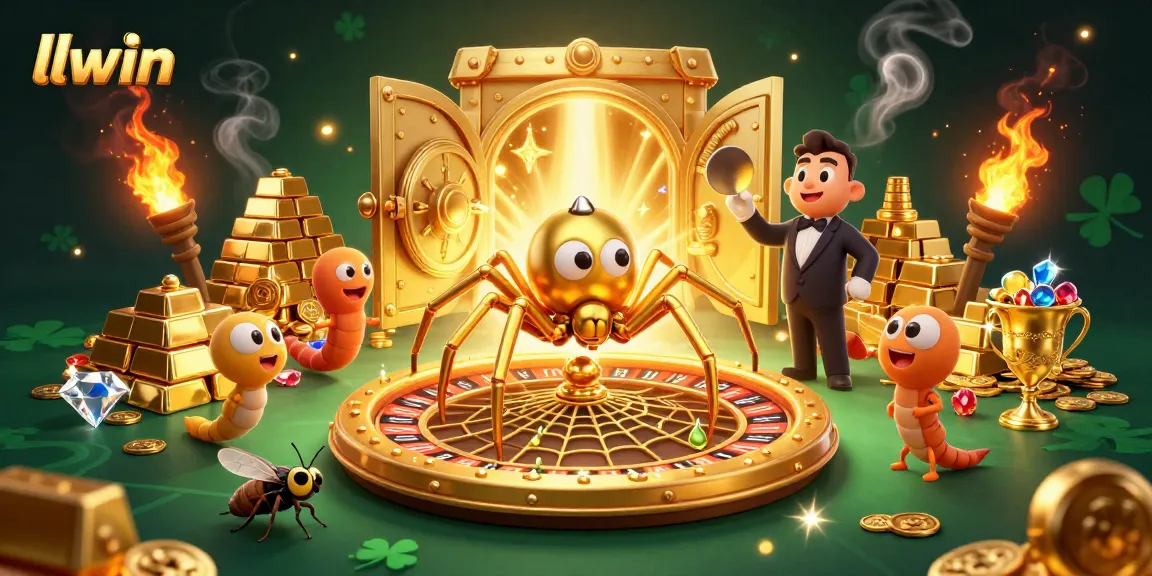 Experience thrilling llwin casino action with a golden spider spinning a roulette web in this vibrant illustration.