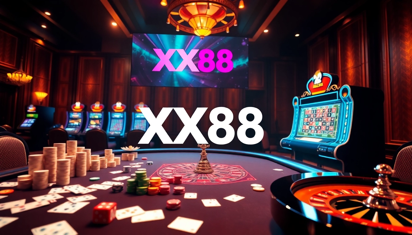 Exciting gambling scene featuring XX88 logo with casino tables, cards, and roulette.