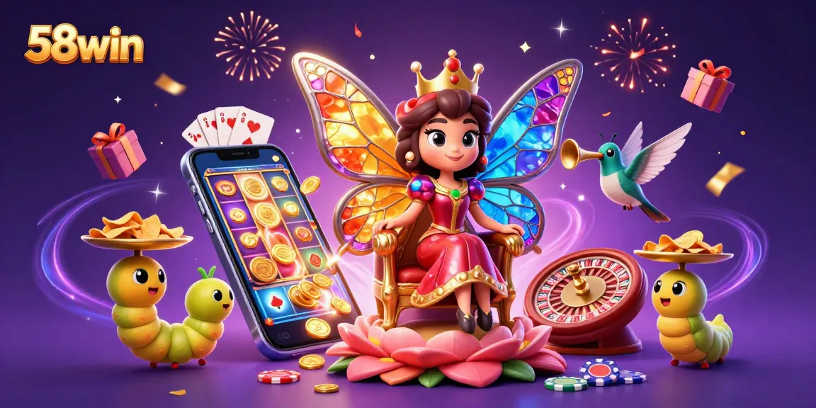 Engage with 58win's vibrant casino atmosphere featuring animated characters surrounded by slot games and festive elements.