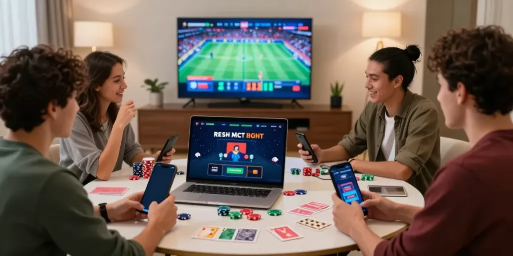 Exciting online gaming atmosphere at https://five88bet.org/ with friends enjoying virtual betting.