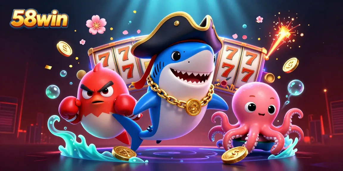 Bet on thrilling games at 58win with a cartoon shark, pufferfish, and octopus. Enjoy an energetic casino atmosphere.