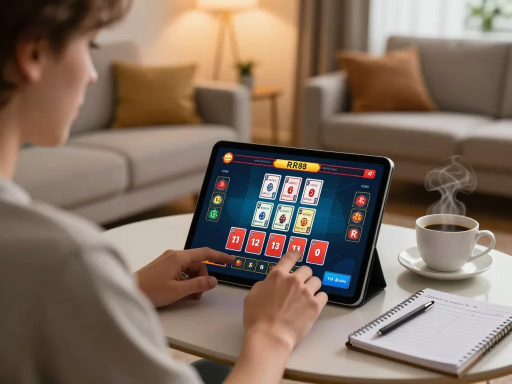Engaging user playing RR88 on a tablet, showcasing interactive live dealer gameplay in a cozy environment
