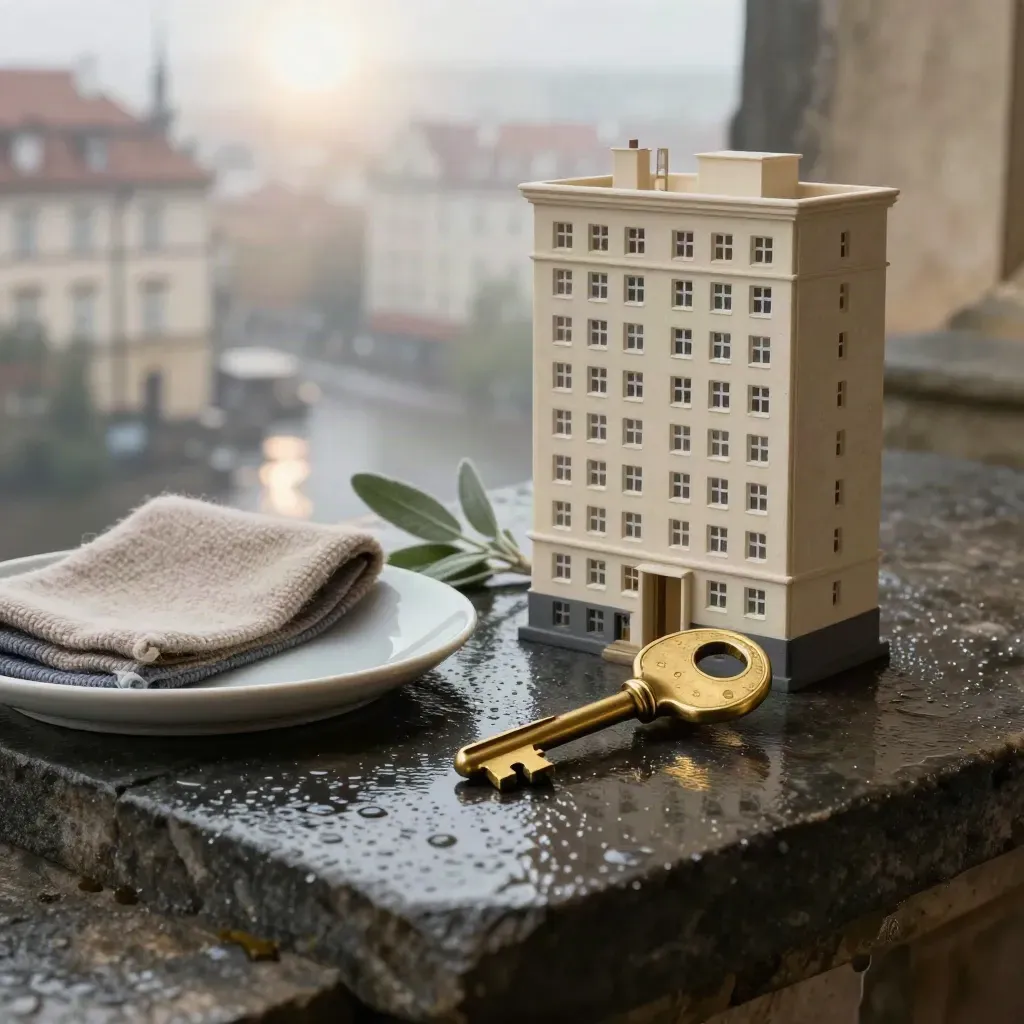 Brass key, model domu, vlna a šalvěj na mokré kamenné desce po dešti.