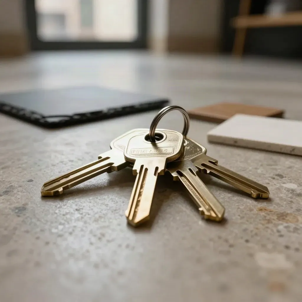 Tři klíče a tři vzorky materiálů na kameni, s odlesky a městským bokehem.
