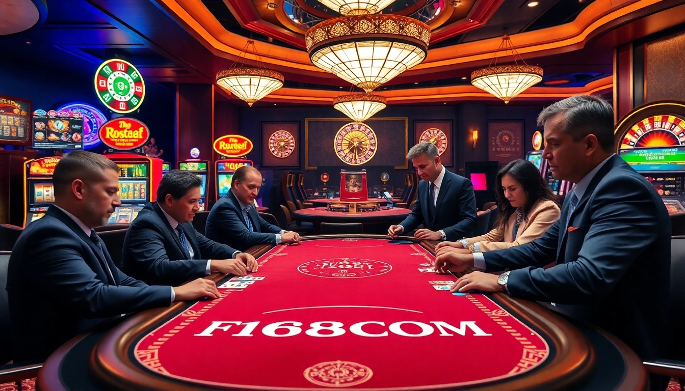 F168COM poker action with players at a luxury casino table showcasing high-stakes gameplay.