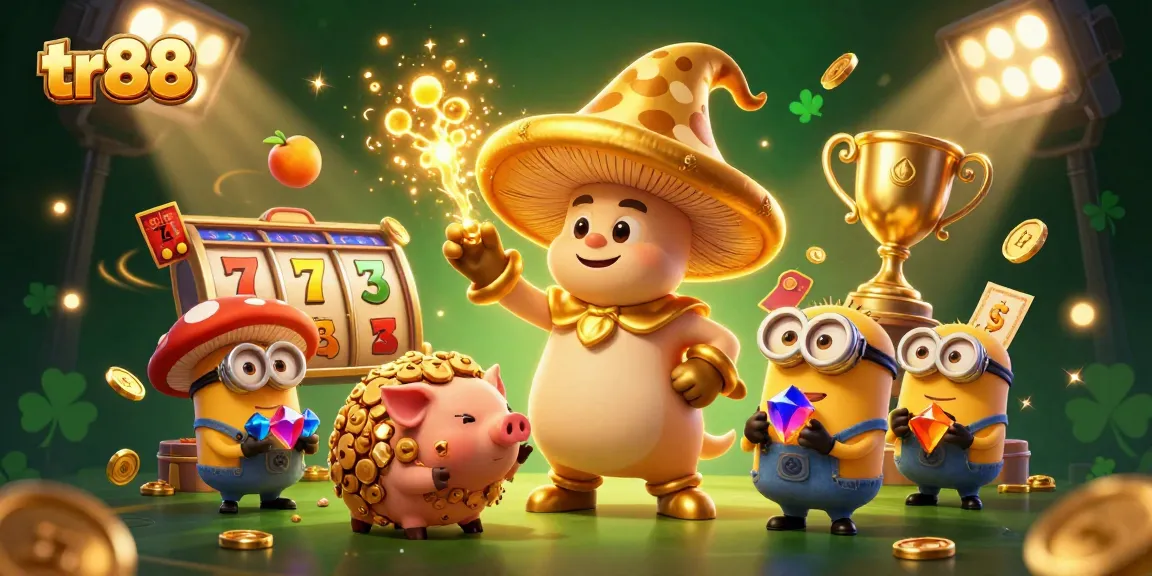 Experience the excitement of tr88 with golden magic, dynamic slot reels, and treasure-filled illustrations.
