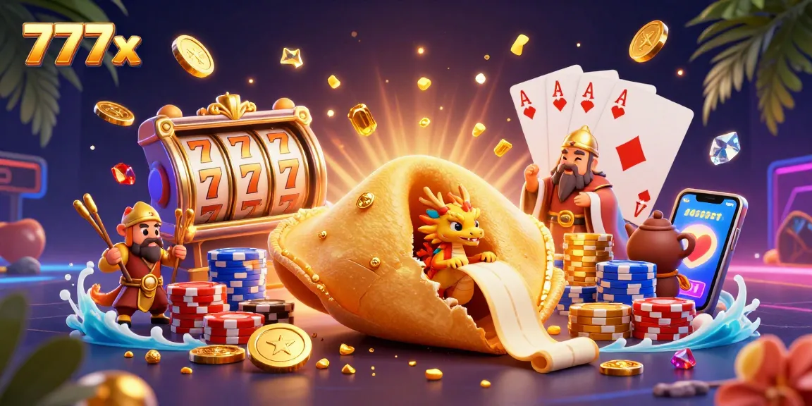 Play and win at 777x with vibrant slot machines, casino elements, and treasure-packed visuals promoting excitement.