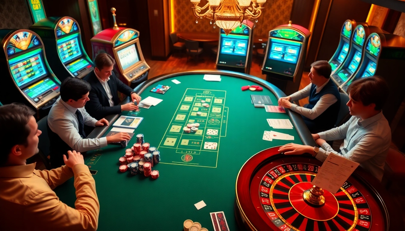 S8 gambling table bustling with activity and vibrant slot machines in a luxurious casino setting.