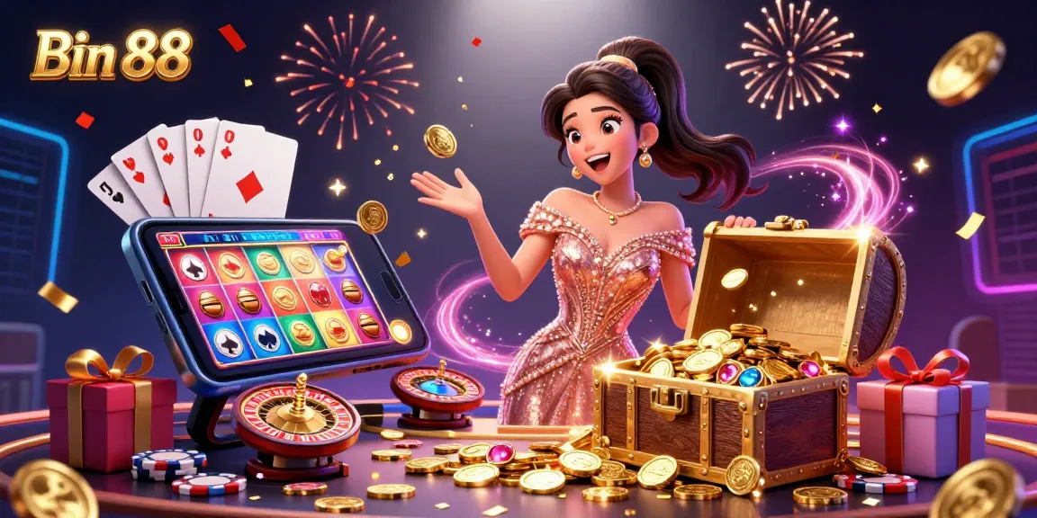 Experience thrilling gaming vibes at Bin 88 with a captivating treasure scene filled with coins and a colorful slot game.