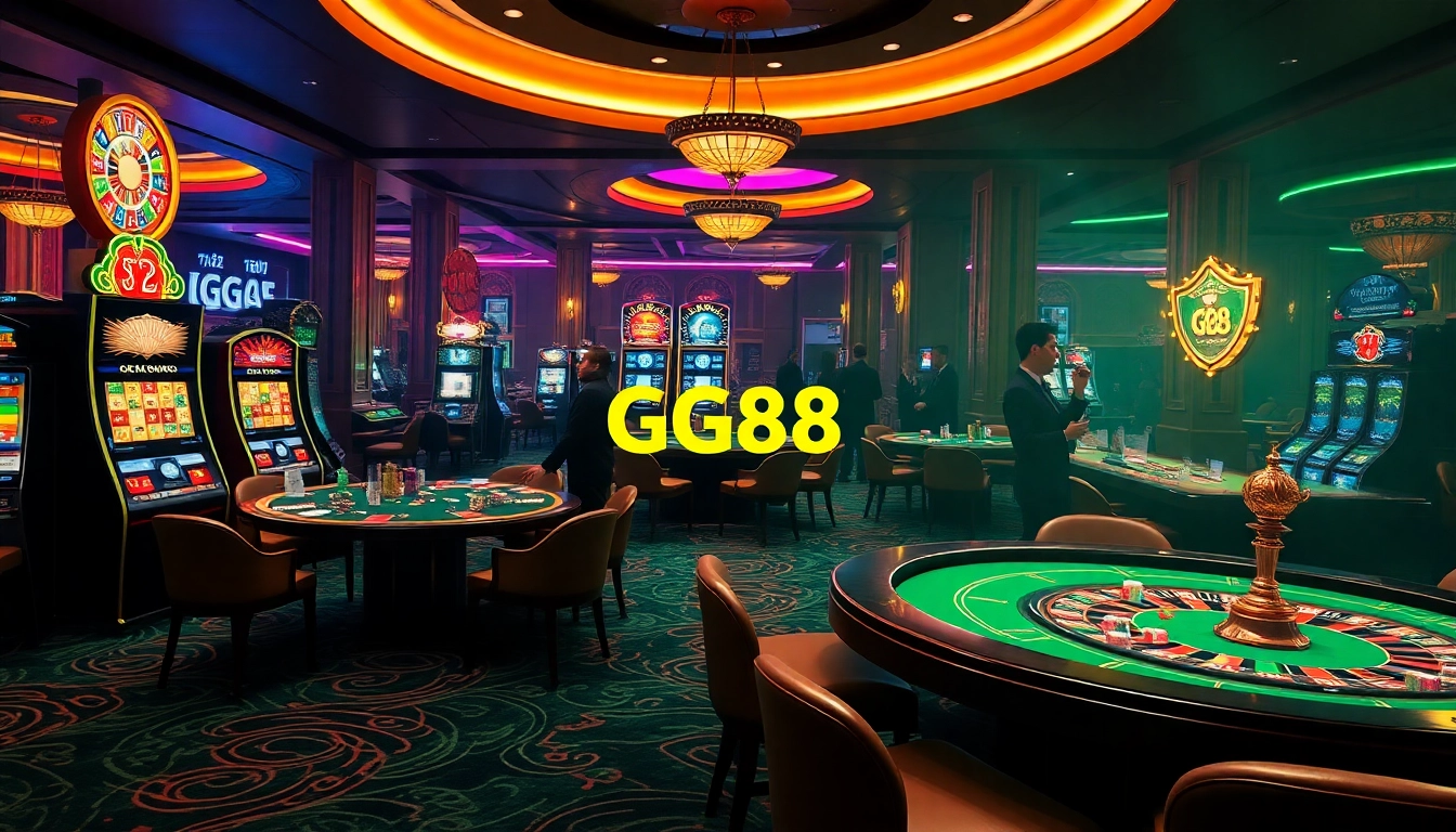 Players enjoying exciting games at GG88 casino surrounded by vibrant slot machines and elegant tables.