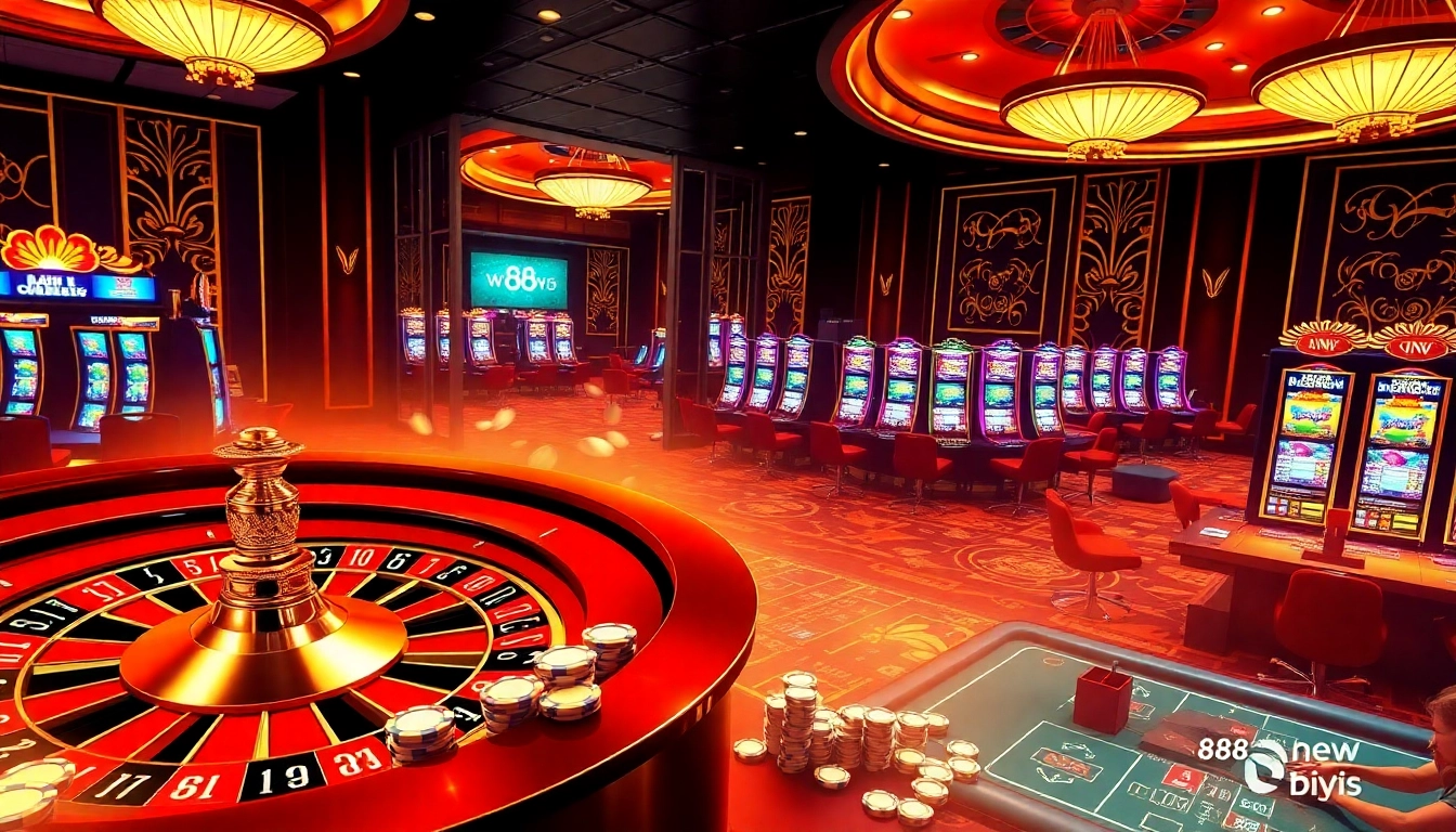 Experience the excitement of online gambling with 888 NEW at a vibrant casino scene, featuring roulette, poker chips, and glowing slots.