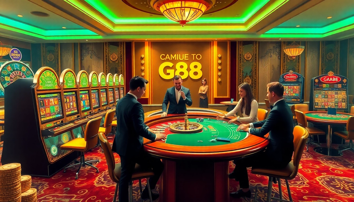 Experience the thrill of GG88 with vibrant slot machines and professional dealers in a luxurious casino setting.