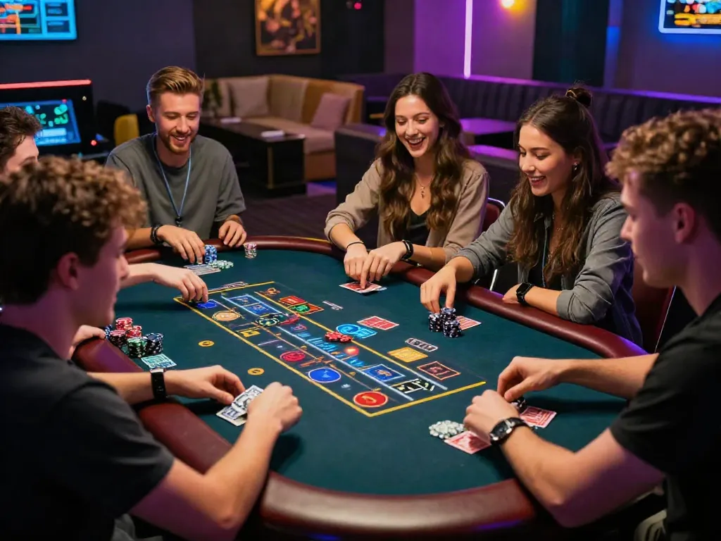 Experience the thrill of online gaming at https://fabet.com.mx/ with friends enjoying live casino action in a vibrant setting.