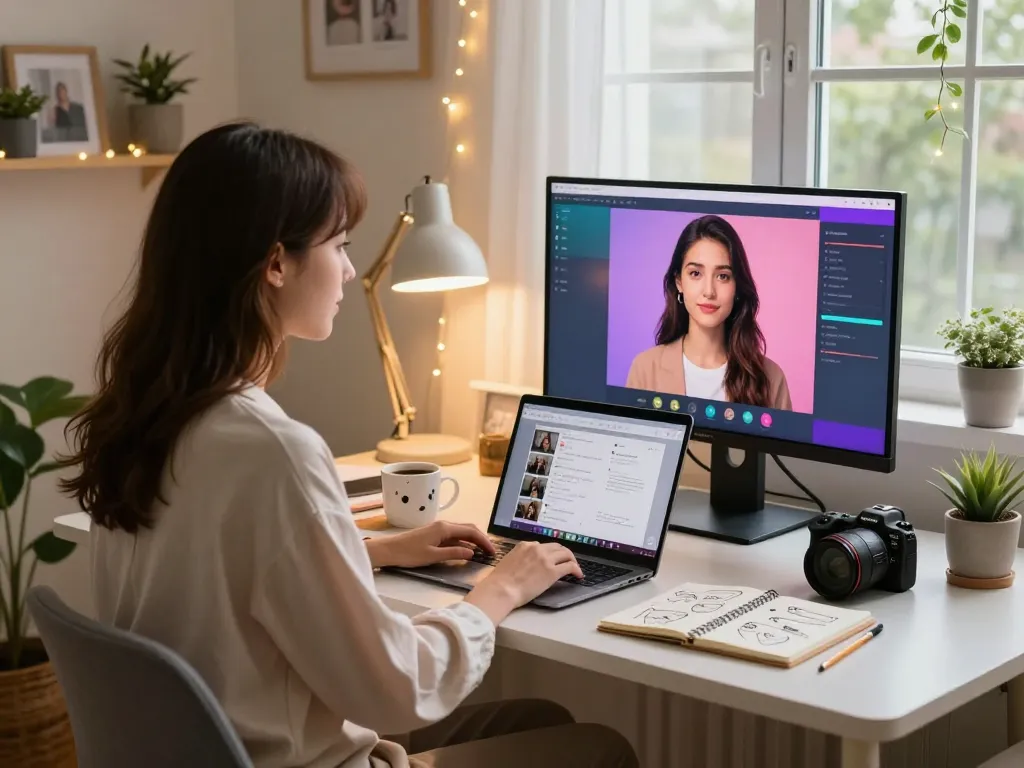 Engaging with girlfriend ai in a modern home office, showcasing a cozy atmosphere and digital interaction.
