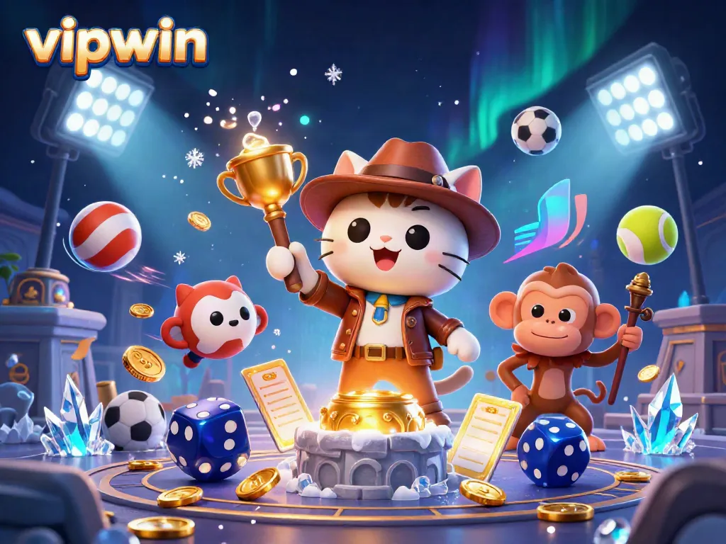 Engaging scene showcasing the vipwin brand featuring a cartoon cat explorer discovering a casino artifact surrounded by dynamic gaming elements.