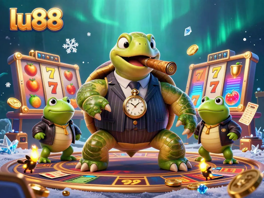 Join the excitement at lu88 with vibrant slot games, featuring a cartoon turtle and bullfrog enforcers.