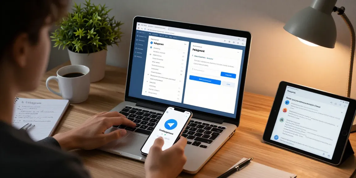 Engaging workspace showing user setting up Telegram Chinese on laptop and smartphone with notes and community forums in a modern tech environment.