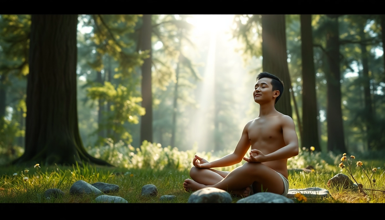 Meditate to reduce stress and anxiety with a person in a tranquil forest setting.