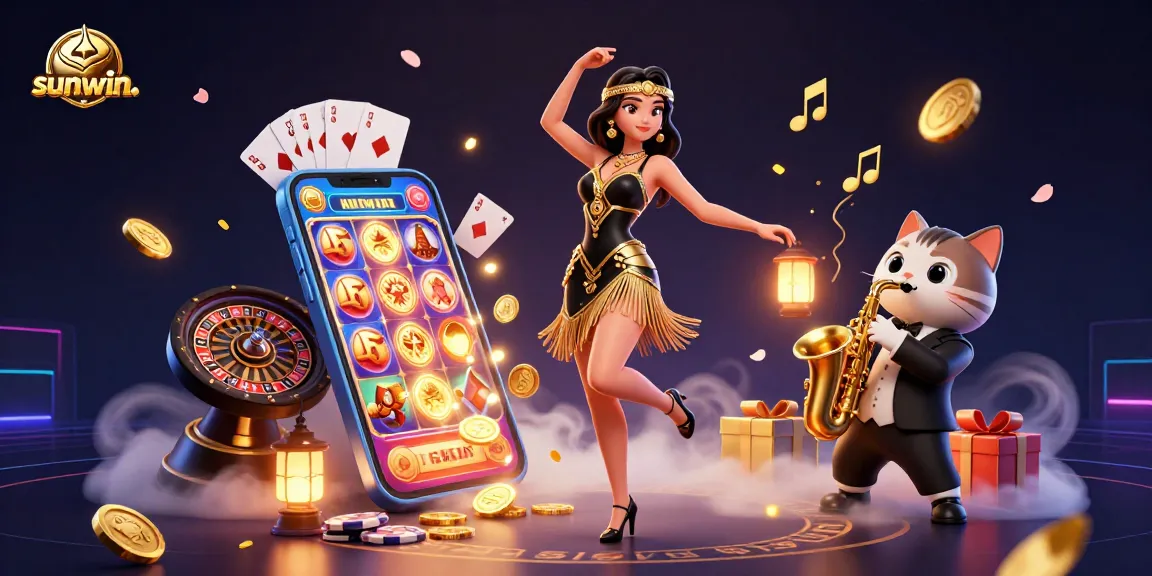 Play games at sunwin. with a vibrant 3D casino scene depicting lively characters and slot games.
