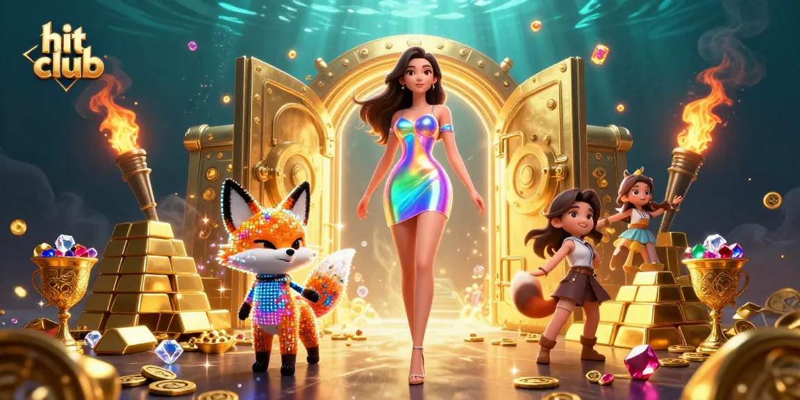 Engage with hit club gaming, featuring dazzling visuals of treasures and a vibrant character scene.