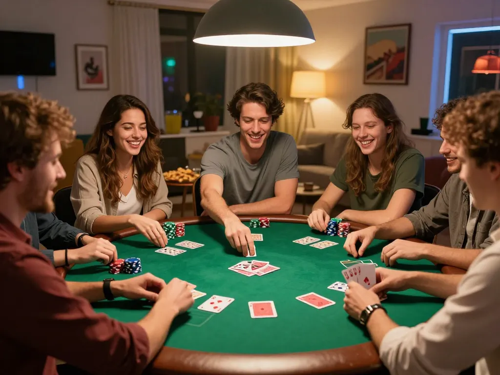 Friends enjoy poker night, revealing winning hand while discussing strategies, keonhacai tv connection.