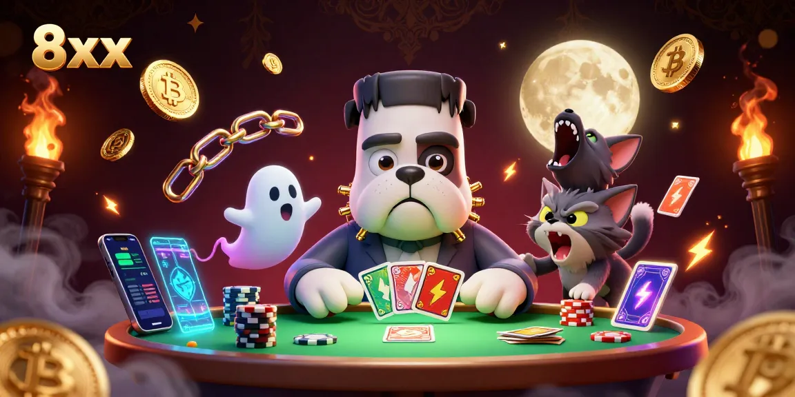 8xx casino scene with a Frankenstein bulldog and a ghost mouse dealing cards in a spooky atmosphere