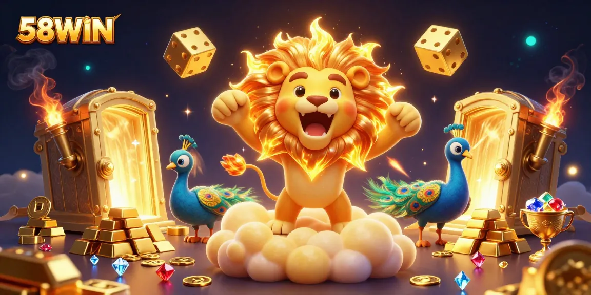 Experience the thrill of gambling at 58WIN with a dynamic 3D illustration highlighting casino elements.