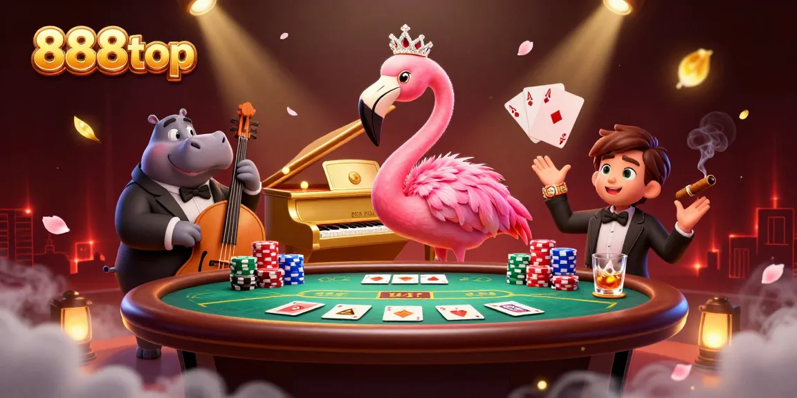 Experience gaming excitement with 888top as vibrant casino characters play poker amid rich details.