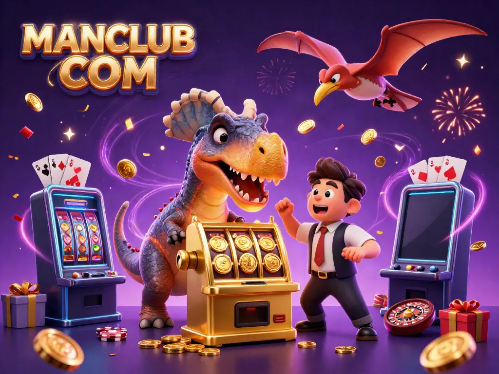 Experience the thrill of winning at MANCLUB COM as a pachycephalosaurus hits a slot machine, coins flying everywhere!