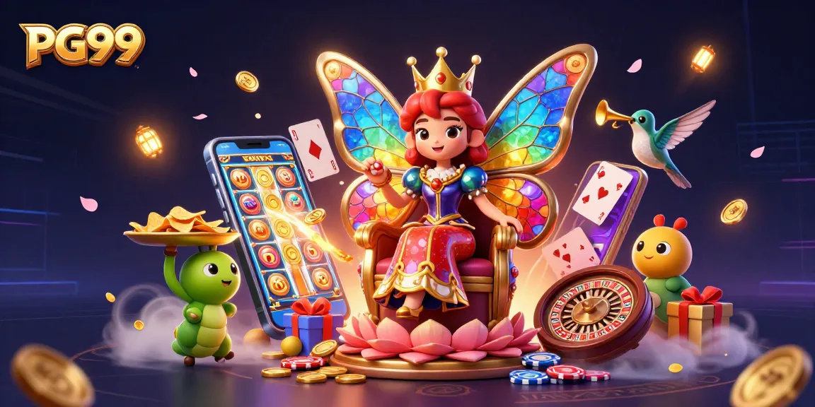 Engage with PG99's vibrant gaming scene featuring a butterfly queen amidst dynamic slots and casino elements.