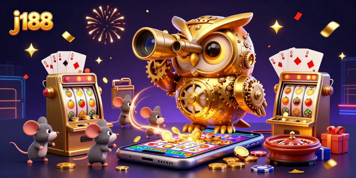Experience the thrill of j188 with a clockwork owl and vibrant casino elements.