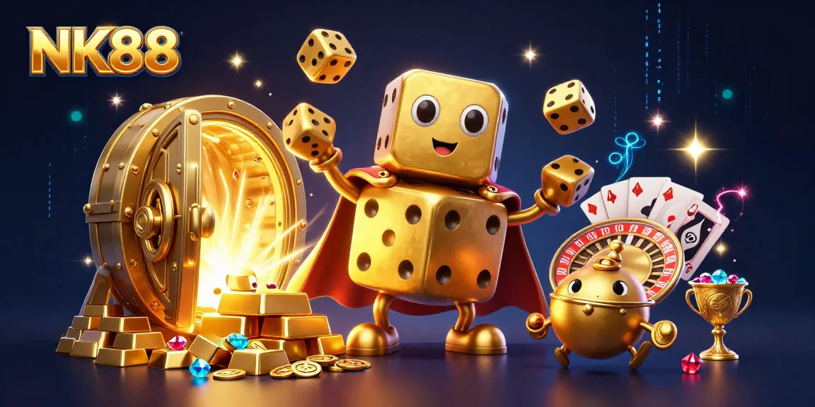 Play exciting games at NK88 with a dynamic 3D casino scene featuring golden dice and treasure.