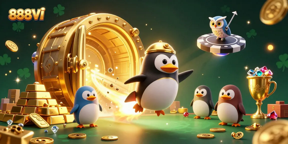 Win big with the vibrant 888VI casino-themed illustration showcasing a golden penguin and treasures.