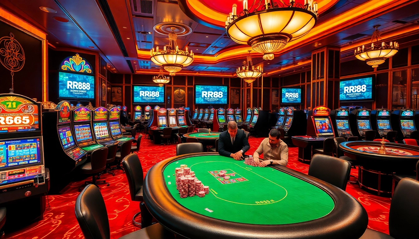 Experience the thrill of RR88 gaming with vibrant casino visuals featuring poker and slot machines.