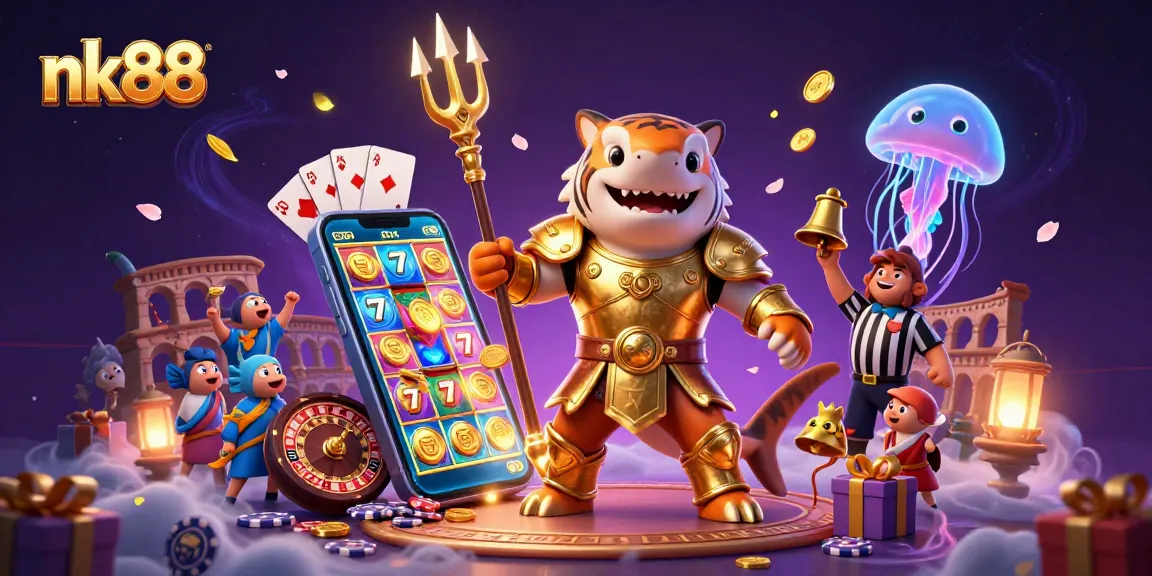 Spin the reels with nk88 in an underwater casino featuring a tiger shark in gladiator armor.
