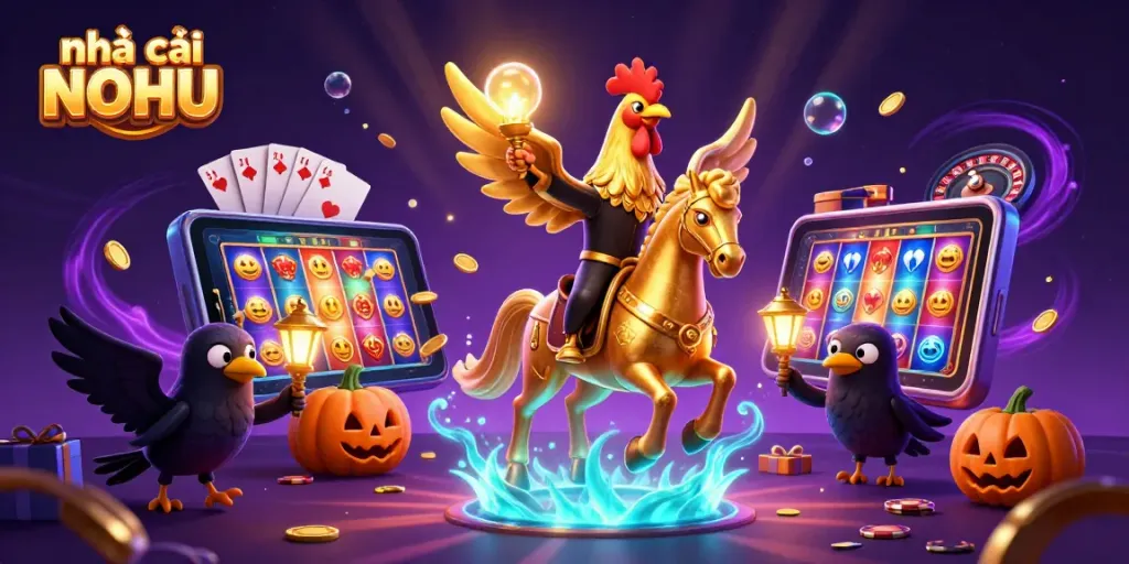 Experience the excitement of nhà cái NOHU with a golden rooster in a captivating casino scene