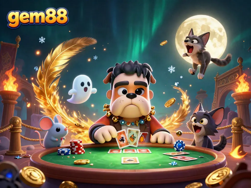Experience the thrill of casino play at gem88 with a vibrant scene featuring unique characters and game elements.