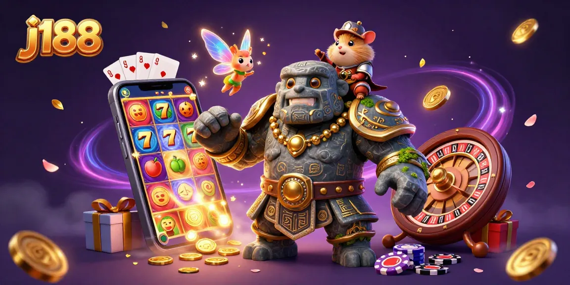 Experience fun and excitement at j188 with a fairy and golem showcasing slots games.