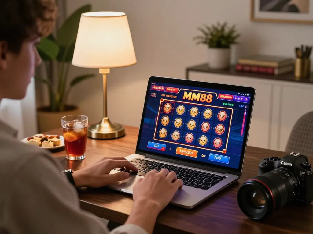 Player enjoying MM88 online casino experience on laptop in stylish home setting.