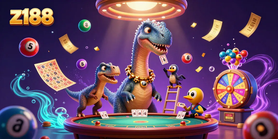 Experience the excitement of z188 with a colorful casino illustration featuring playful 3D characters.