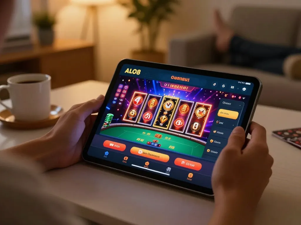A person engages with the ALO8 online casino app on a tablet, surrounded by a cozy home ambiance