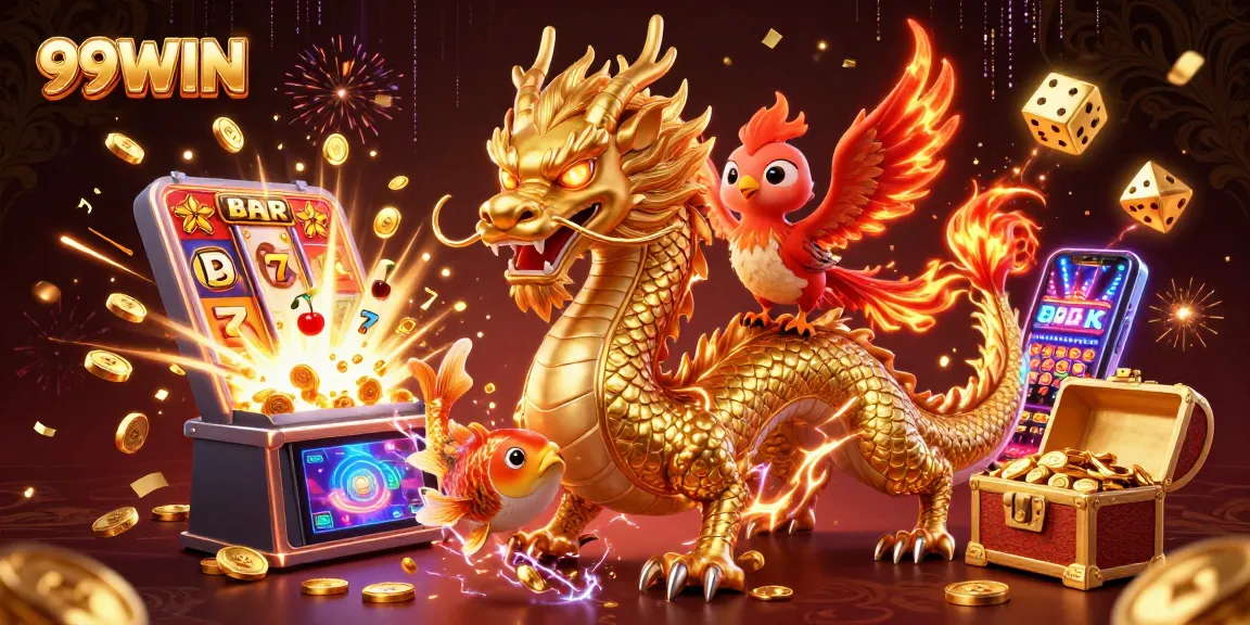 Experience winnings at 99WIN with a vibrant casino scene featuring iconic symbols and characters.
