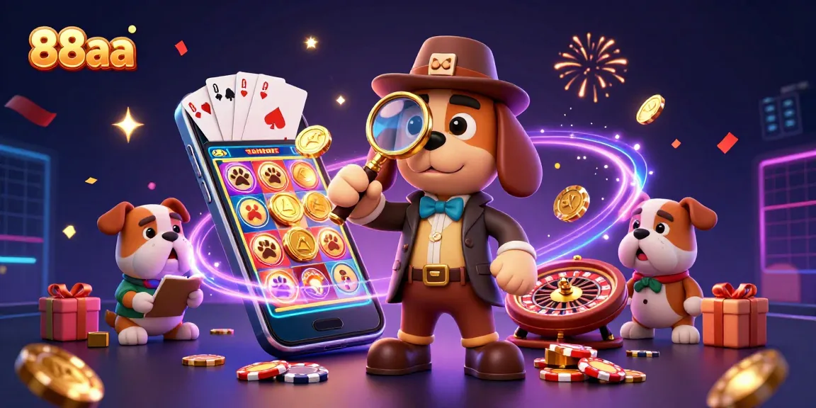 88aa showcases a 3D cartoon detective and dog exploring poker chips amidst casino treasures.