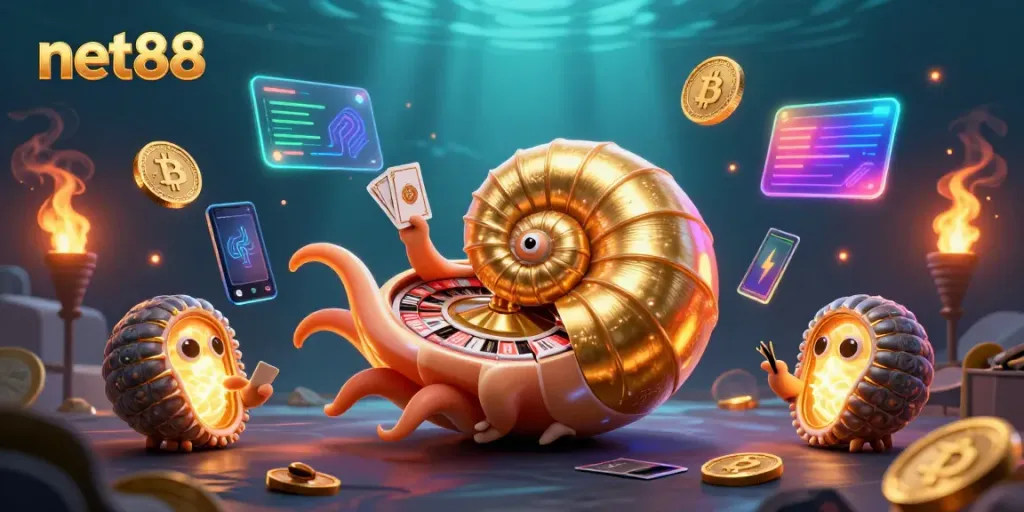 Engage with net88's top casino games through vibrant 3D visuals featuring a golden roulette nautilus and glowing crypto elements.