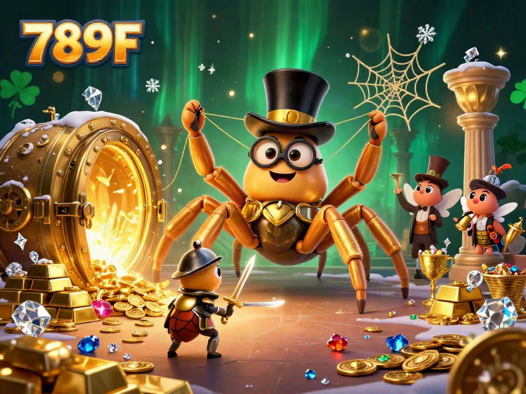 Engage in thrilling gaming action at 789F with a cartoon golden tarantula and beetle knight surrounded by treasures.