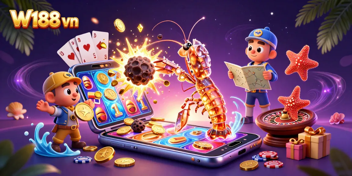 Engage in dynamic gameplay through W188 vn's thrilling slot games, illustrated by colorful explosions of coins.